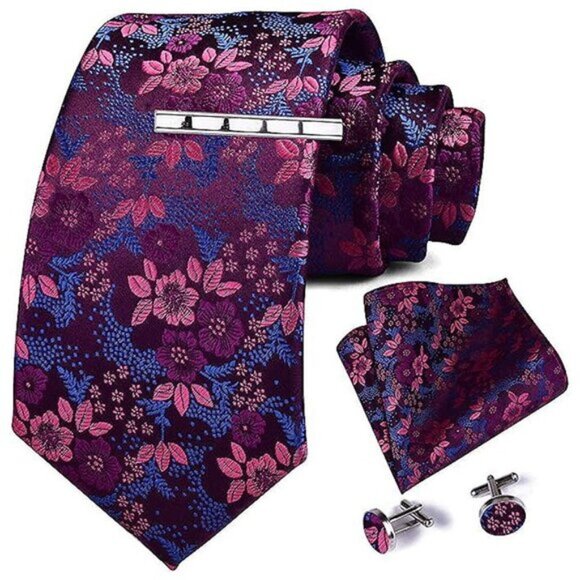 Tie Necktie Clip, Pocket Square Cufflinks Sets Floral Purple - Picture 1 of 6